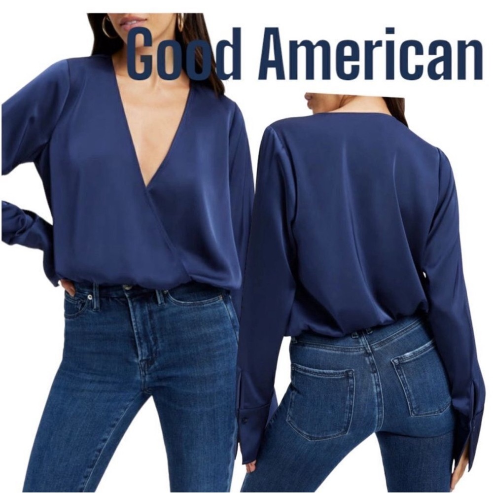 NEW WITH TAGS! GOOD AMERICAN Long Sleeve Stretch Satin Faux Wrap Top Size L